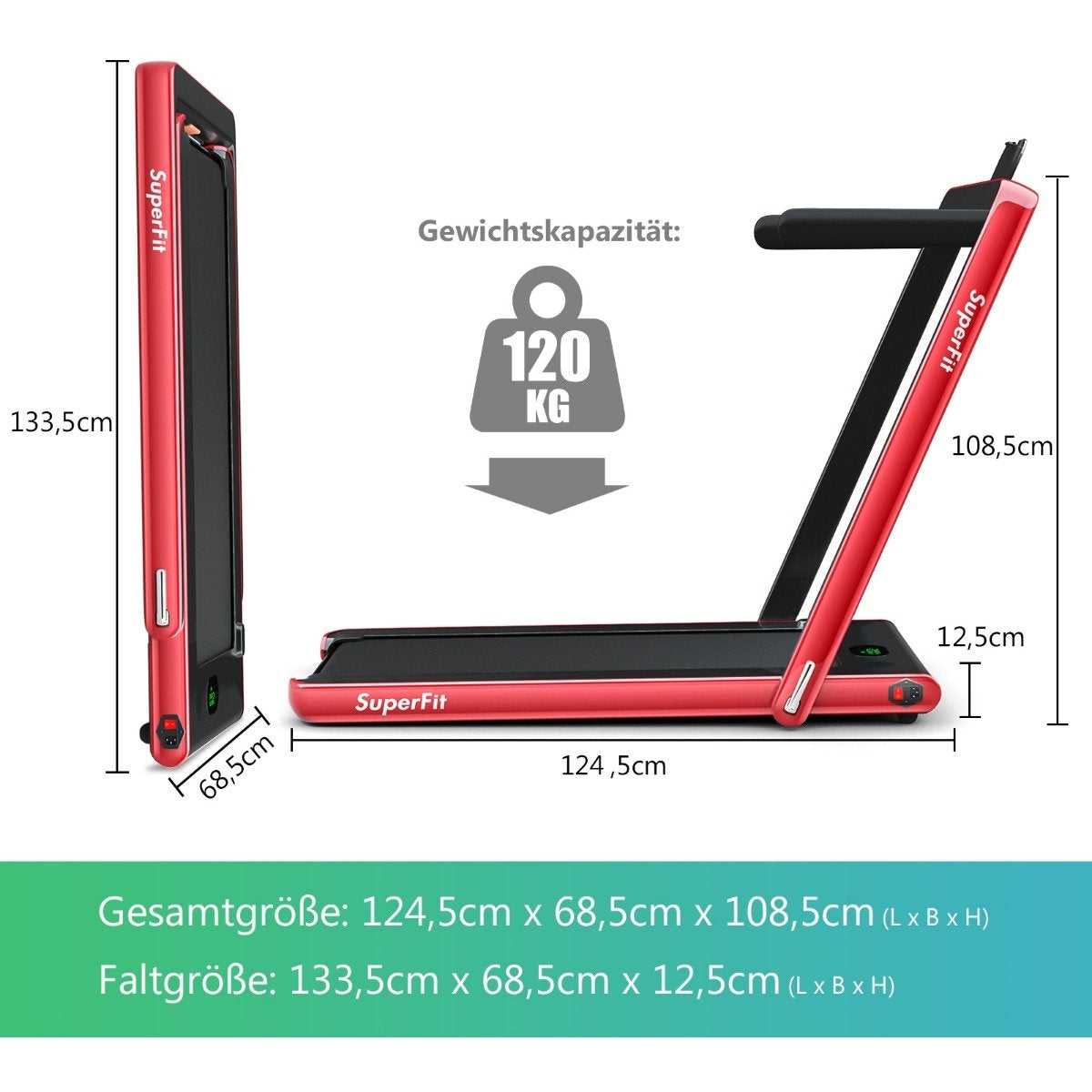 2 in 1 Folding Treadmill 2.25 HP Portable Electric Treadmill Red