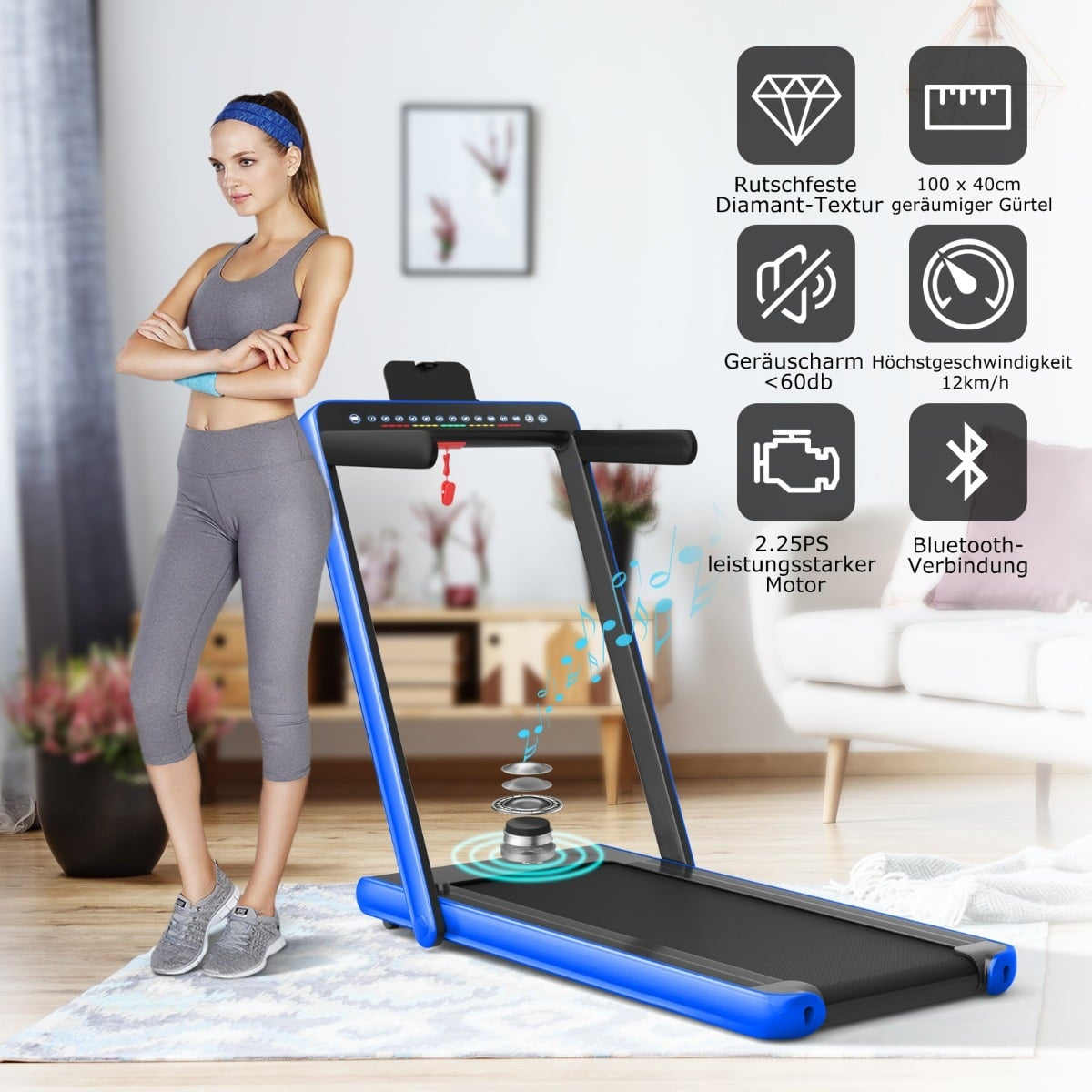 2-in-1 Folding Treadmill with Dual LED Display, Blue