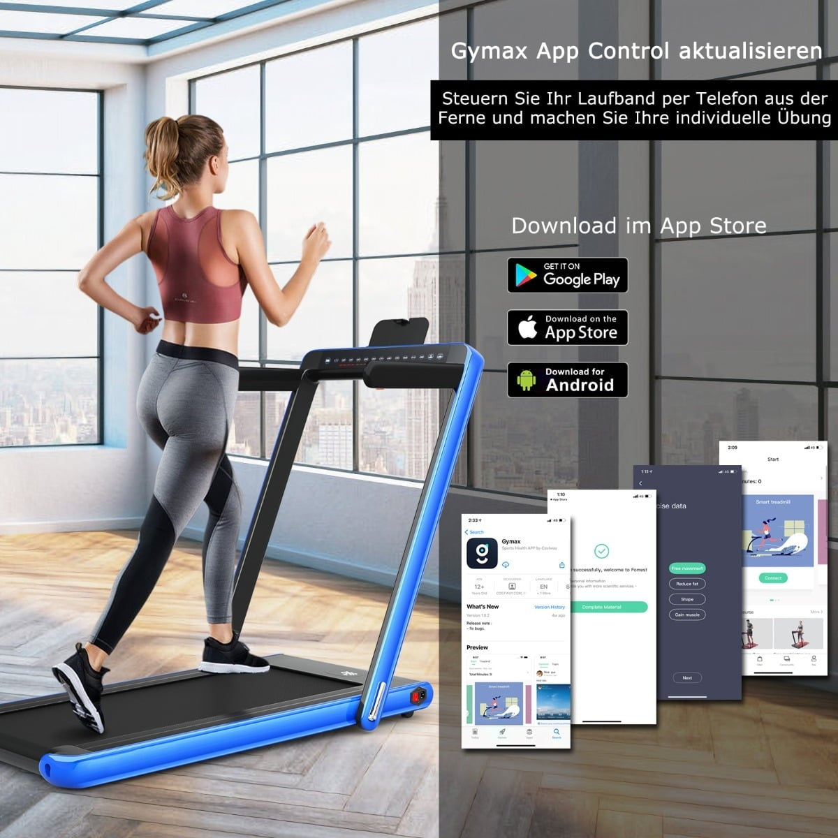 2-in-1 Folding Treadmill with Dual LED Display, Blue