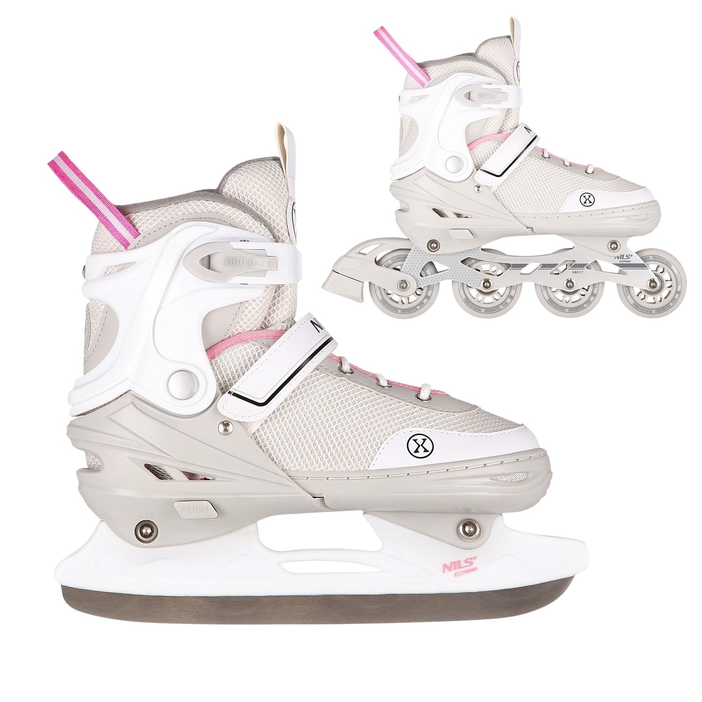 2-in-1 Grey-Pink Inline & Ice Skates, Size S (29-33)
