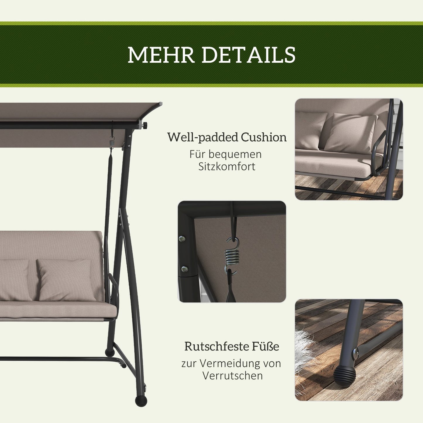 3-seat garden swing in steel with adjustable canopy, light brown