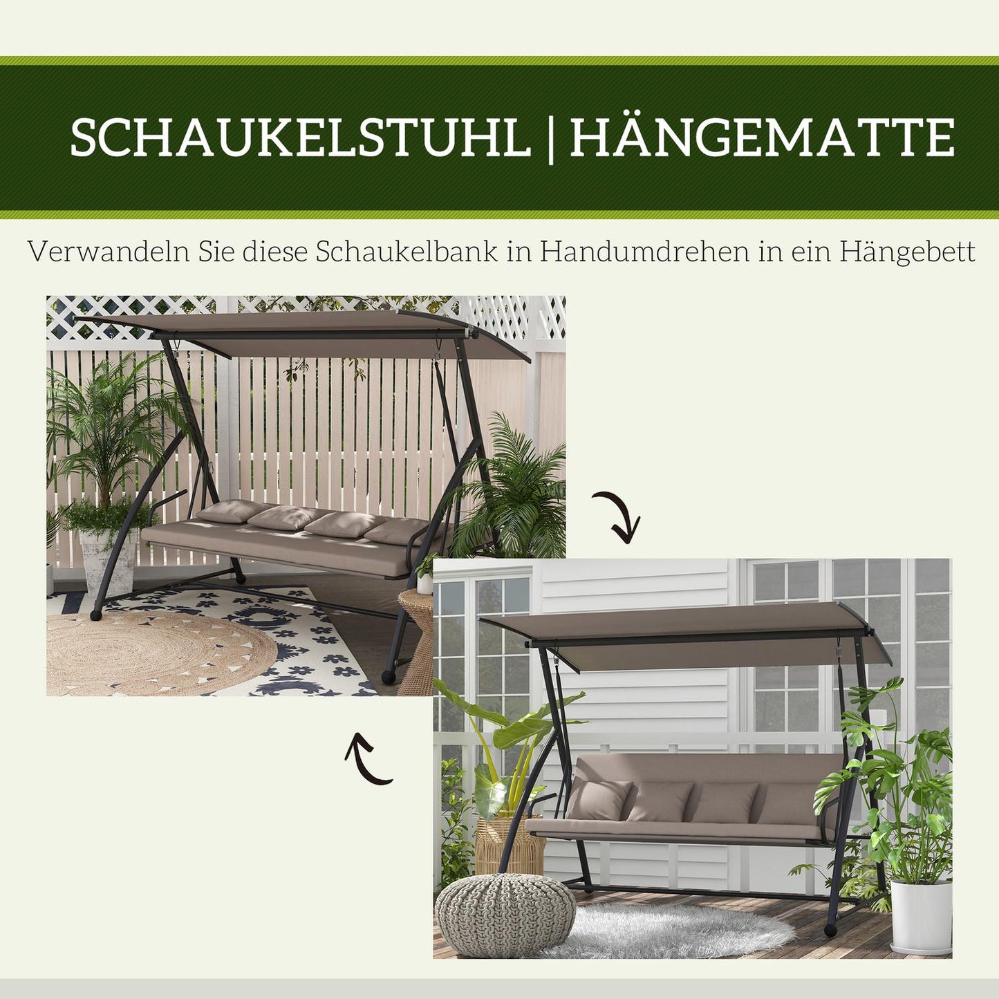 3-seat garden swing in steel with adjustable canopy, light brown