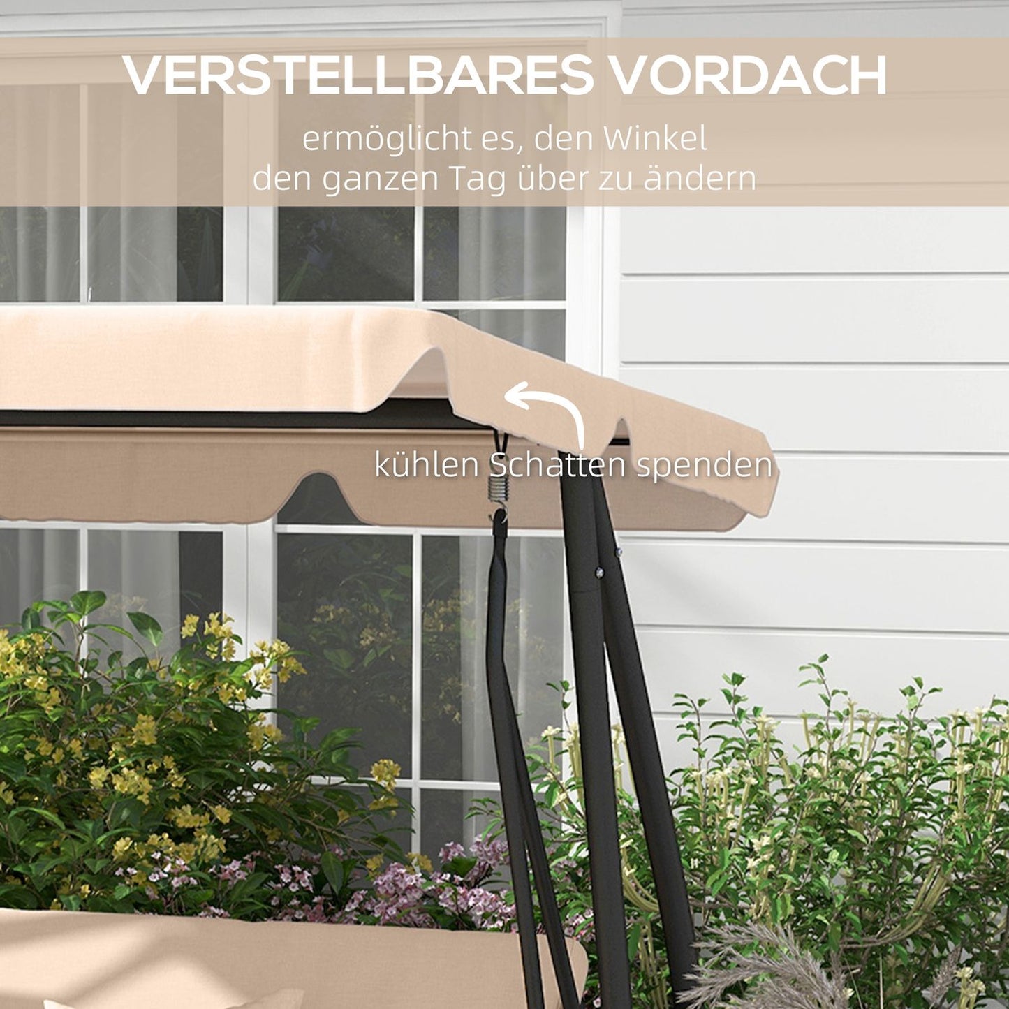 Recumbent 3-seat garden swing with canopy, brown