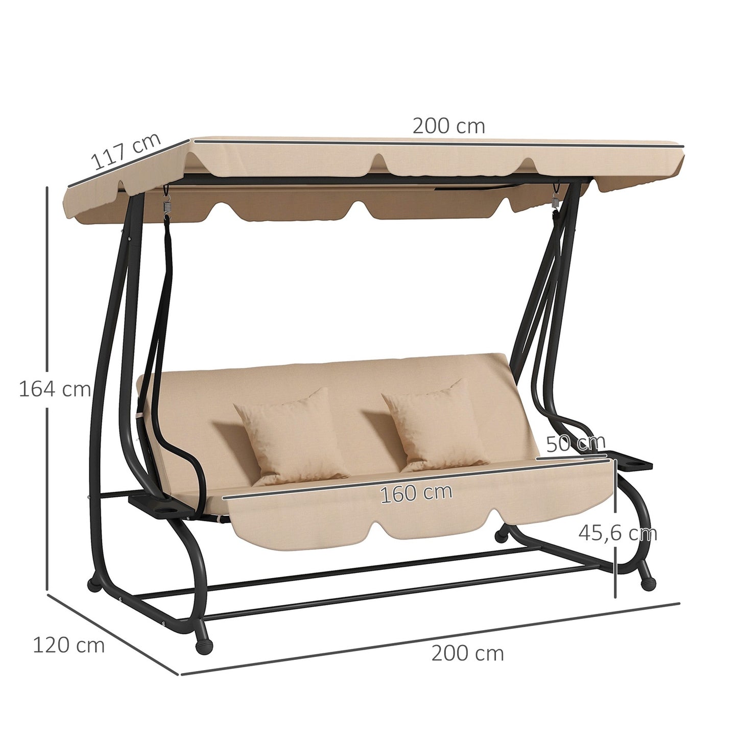 Recumbent 3-seat garden swing with canopy, brown