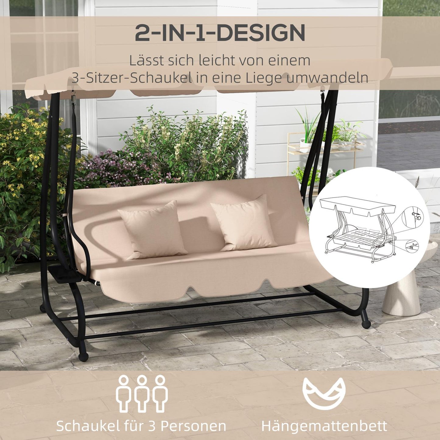 Recumbent 3-seat garden swing with canopy, brown