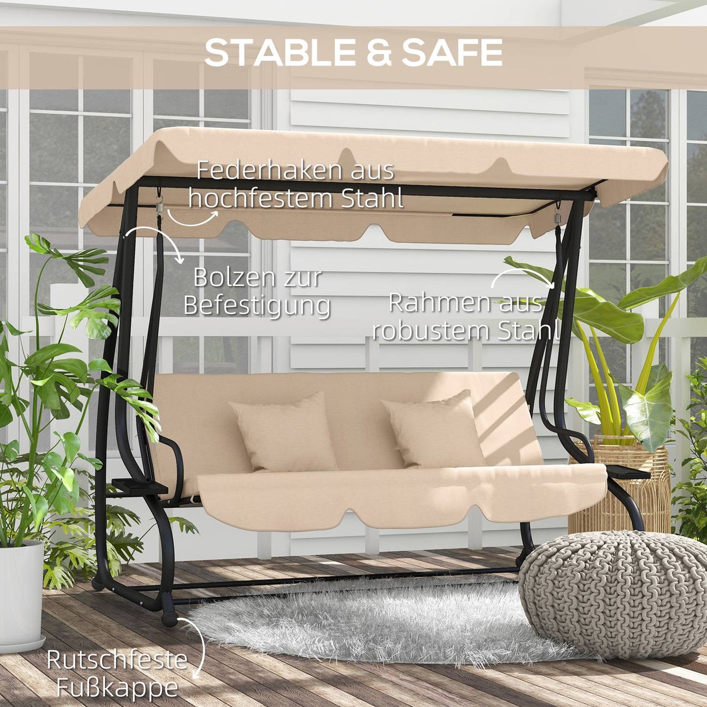 Recumbent 3-seat garden swing with canopy, brown