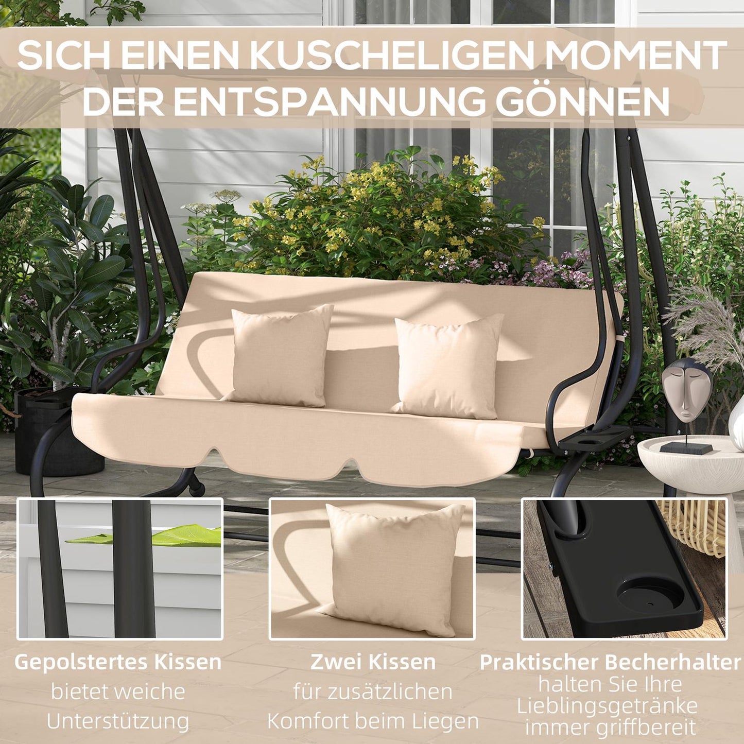 Recumbent 3-seat garden swing with canopy, brown