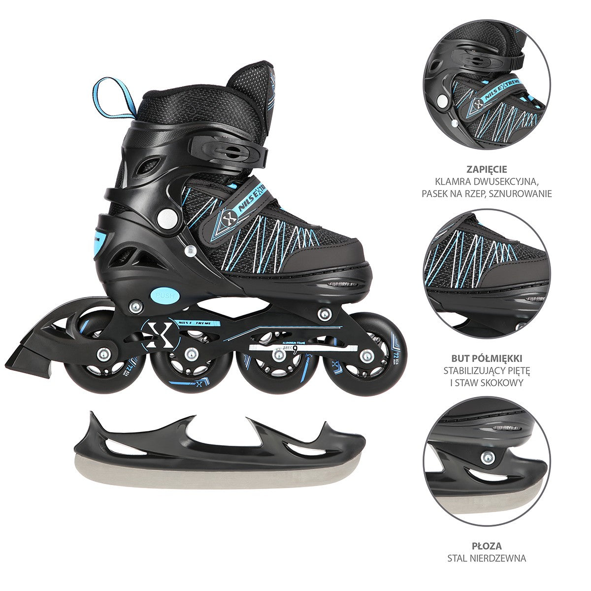 2-in-1 Inline & Ice Skates, Black/Blue, Size L (39-42)