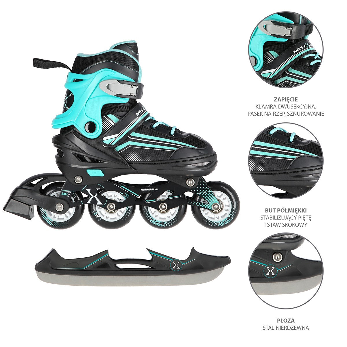 2-in-1 Inline & Ice Skates, Black/Blue, Size M (34-38)