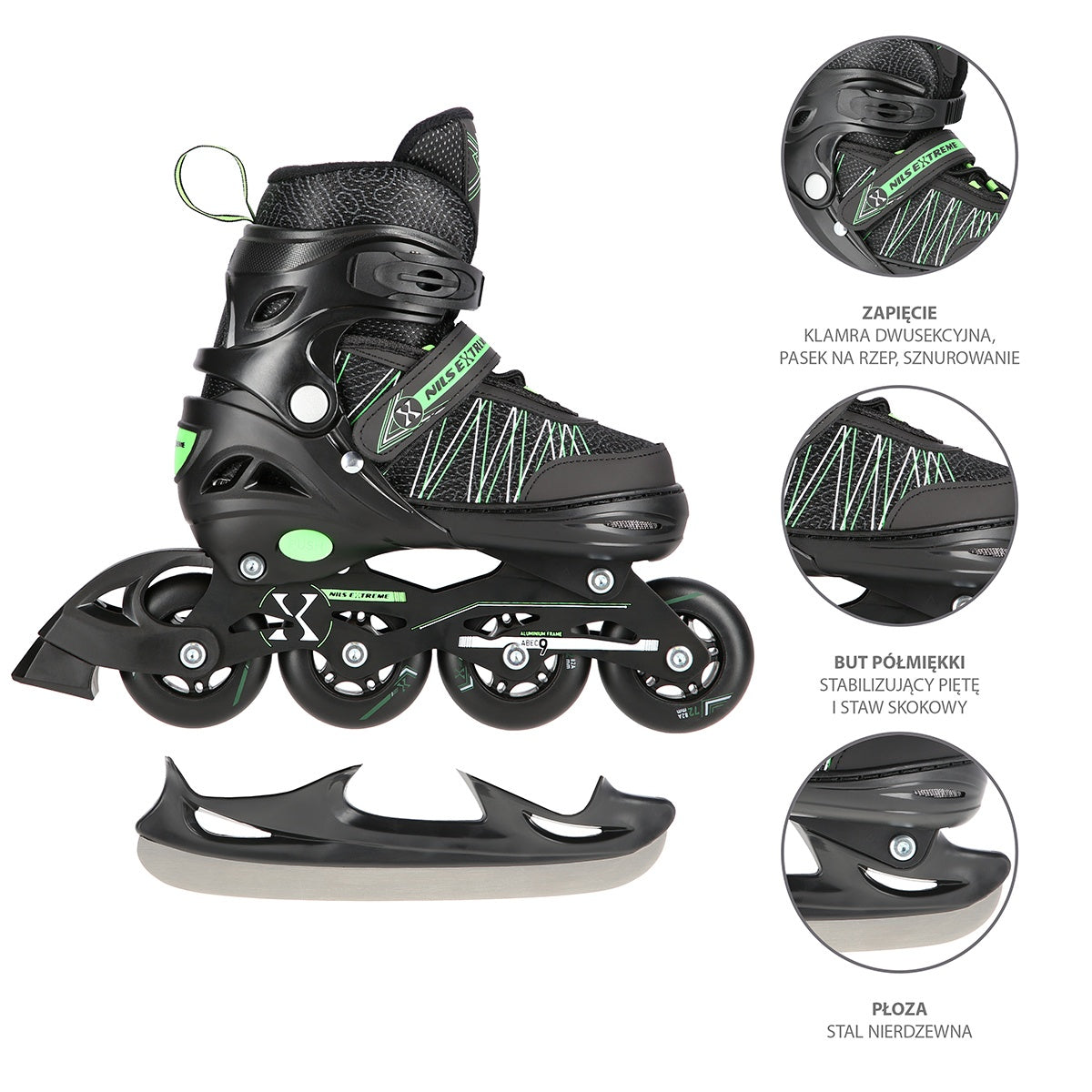 2-in-1 Inline & Ice Skates, Black/Green, Size L (39-42)