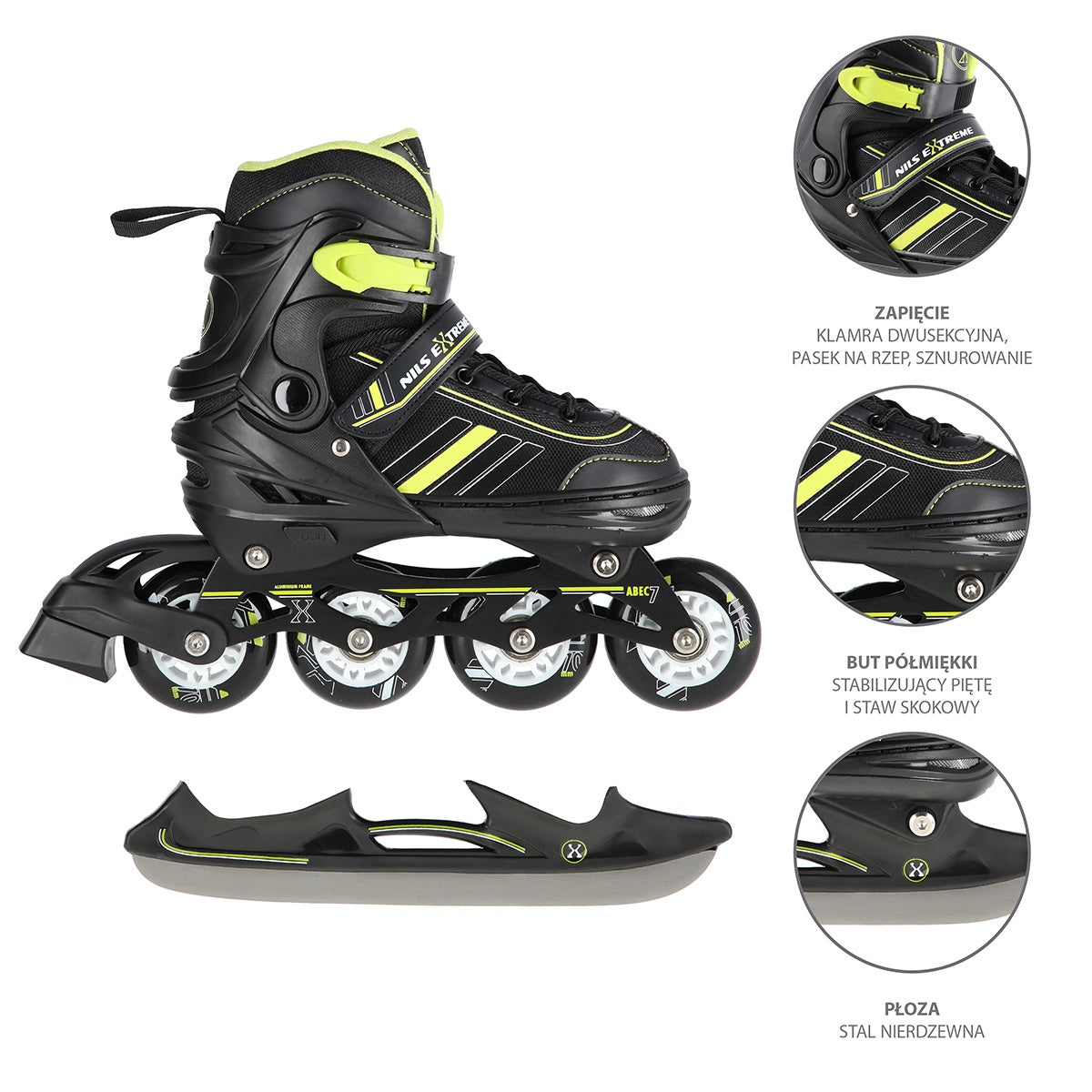 2-in-1 Inline & Ice Skates, Black/Lime, Size S (29-33)