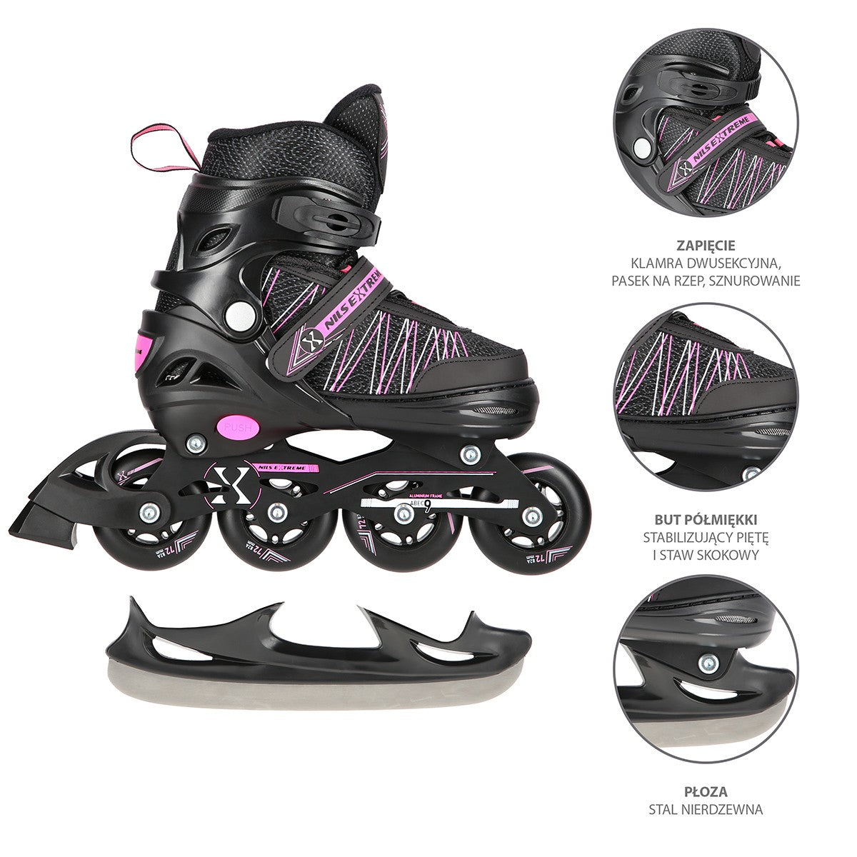 2-in-1 Inline & Ice Skates, Black/Pink, Size S (31-34)