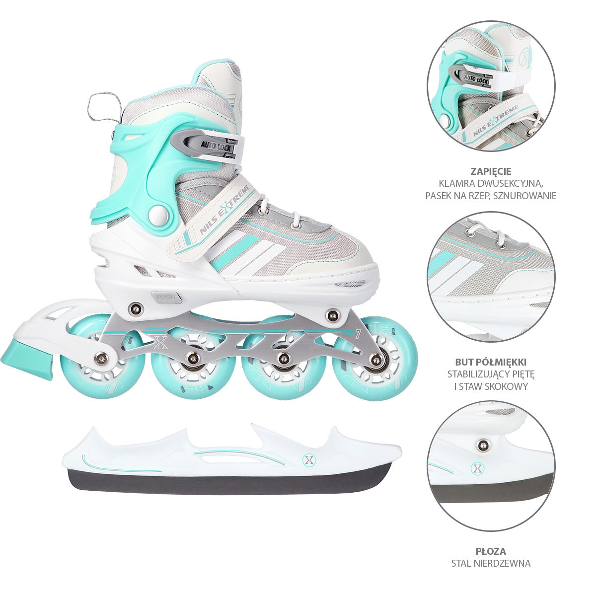 2-in-1 Inline & Ice Skates, White/Blue, Size M (34-38)