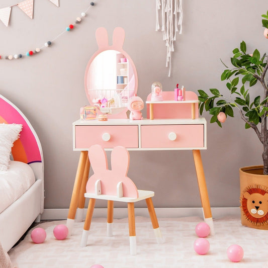 2 in 1 Kids Dressing Table & Chair Set with Mirror & 2 Drawers & Storage Rack Pink