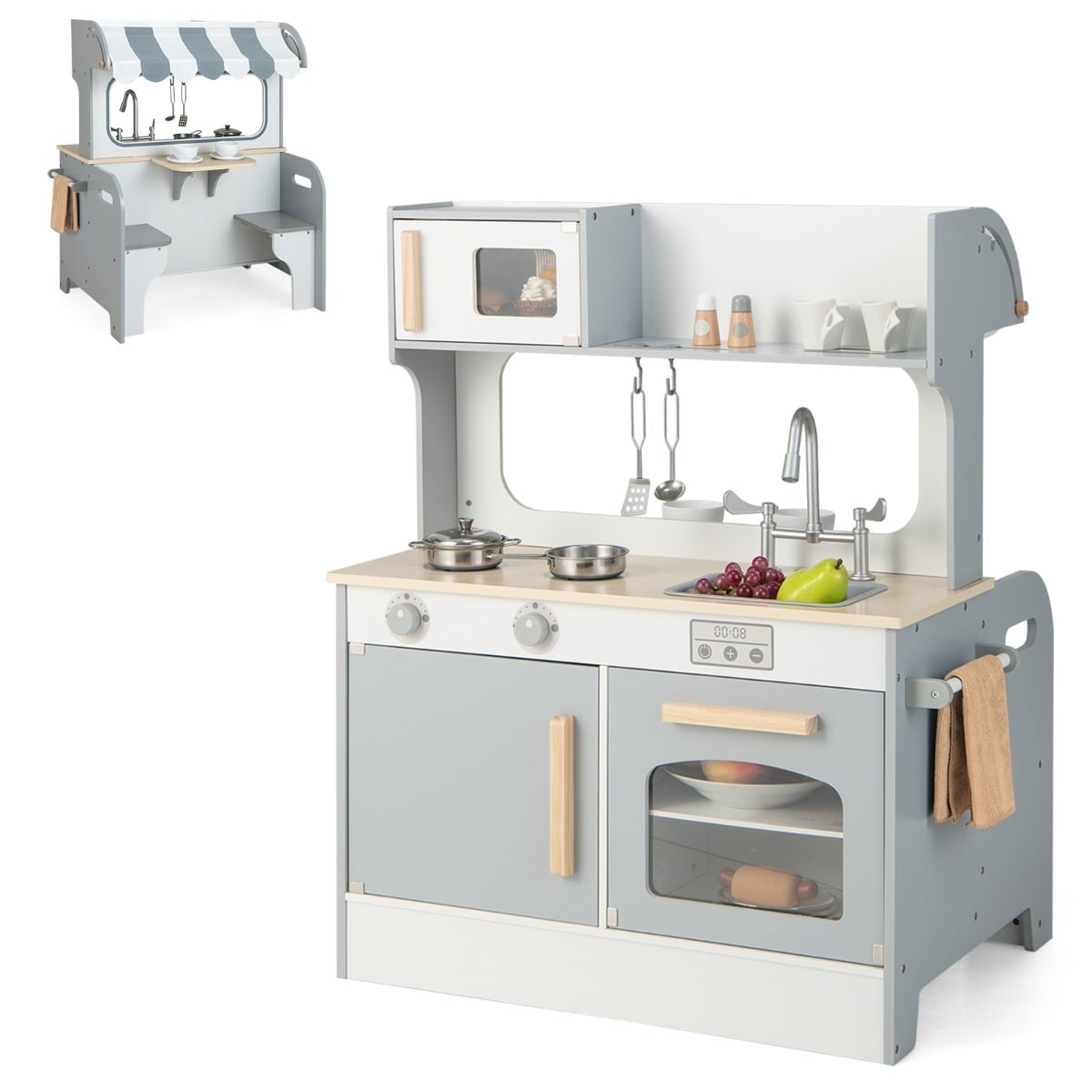 2-in-1 Kids Play Kitchen with Diner, Gray MDF