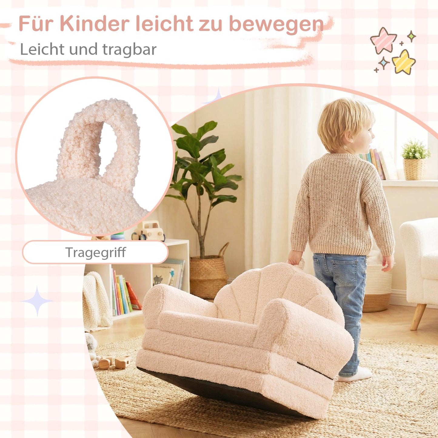 2-in-1 Kids Sofa Bed, Beige, Soft Teddy Plush