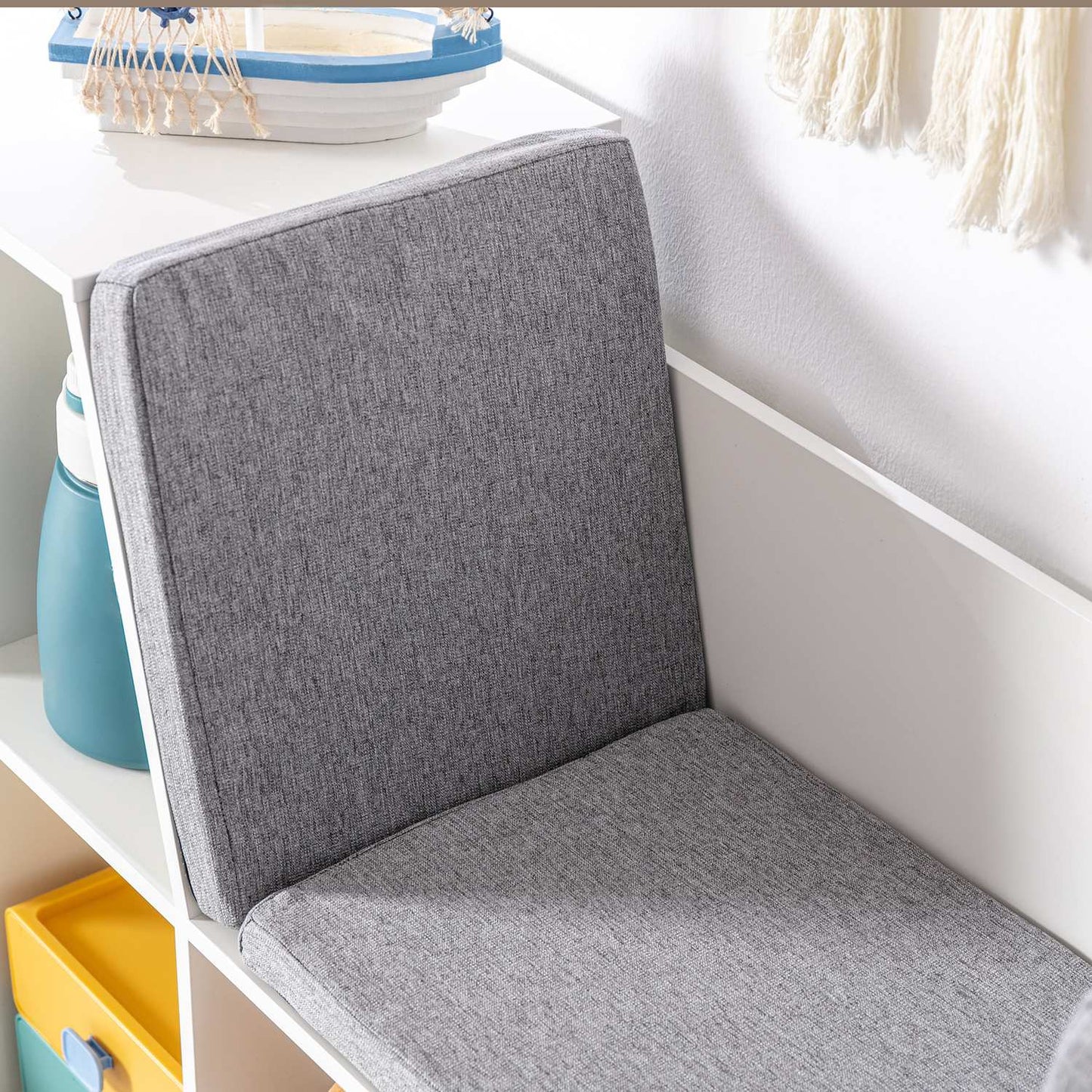 2-in-1 Kids Storage Shelf & Bench with Cushion, White/Grey