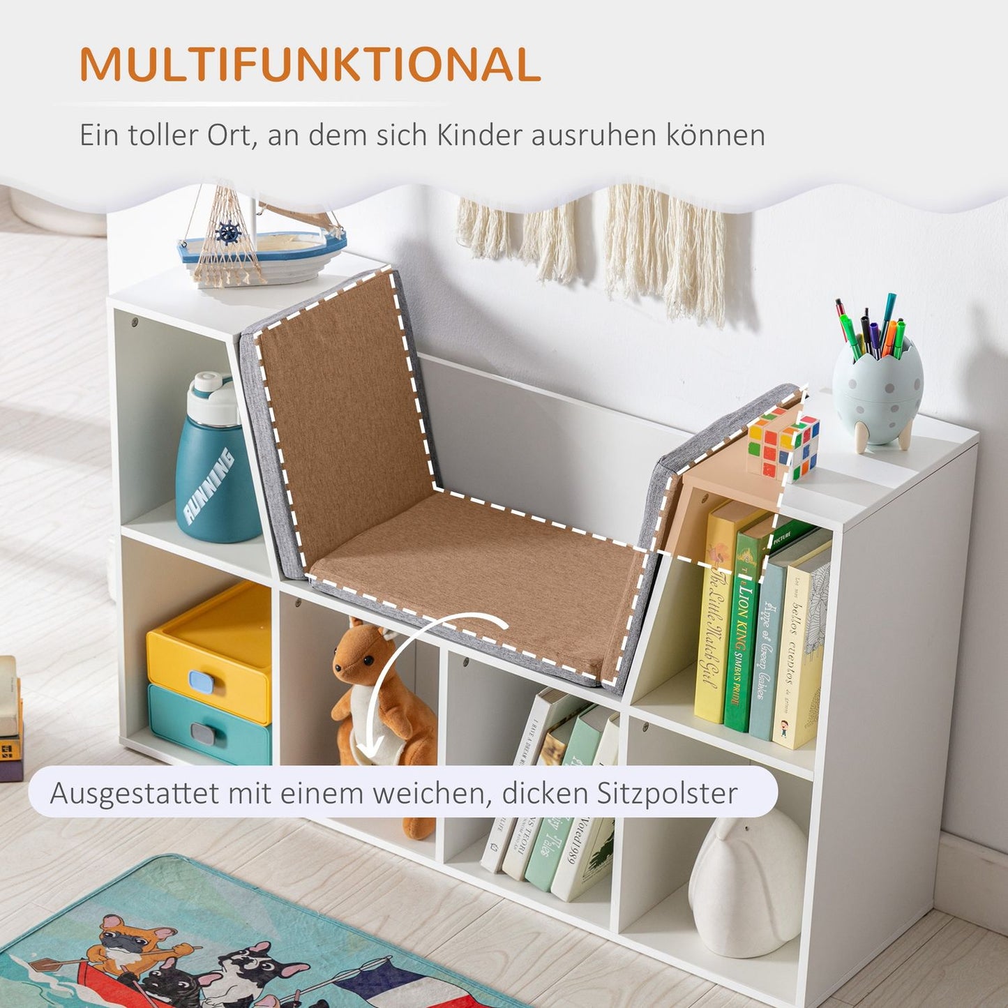 2-in-1 Kids Storage Shelf & Bench with Cushion, White/Grey