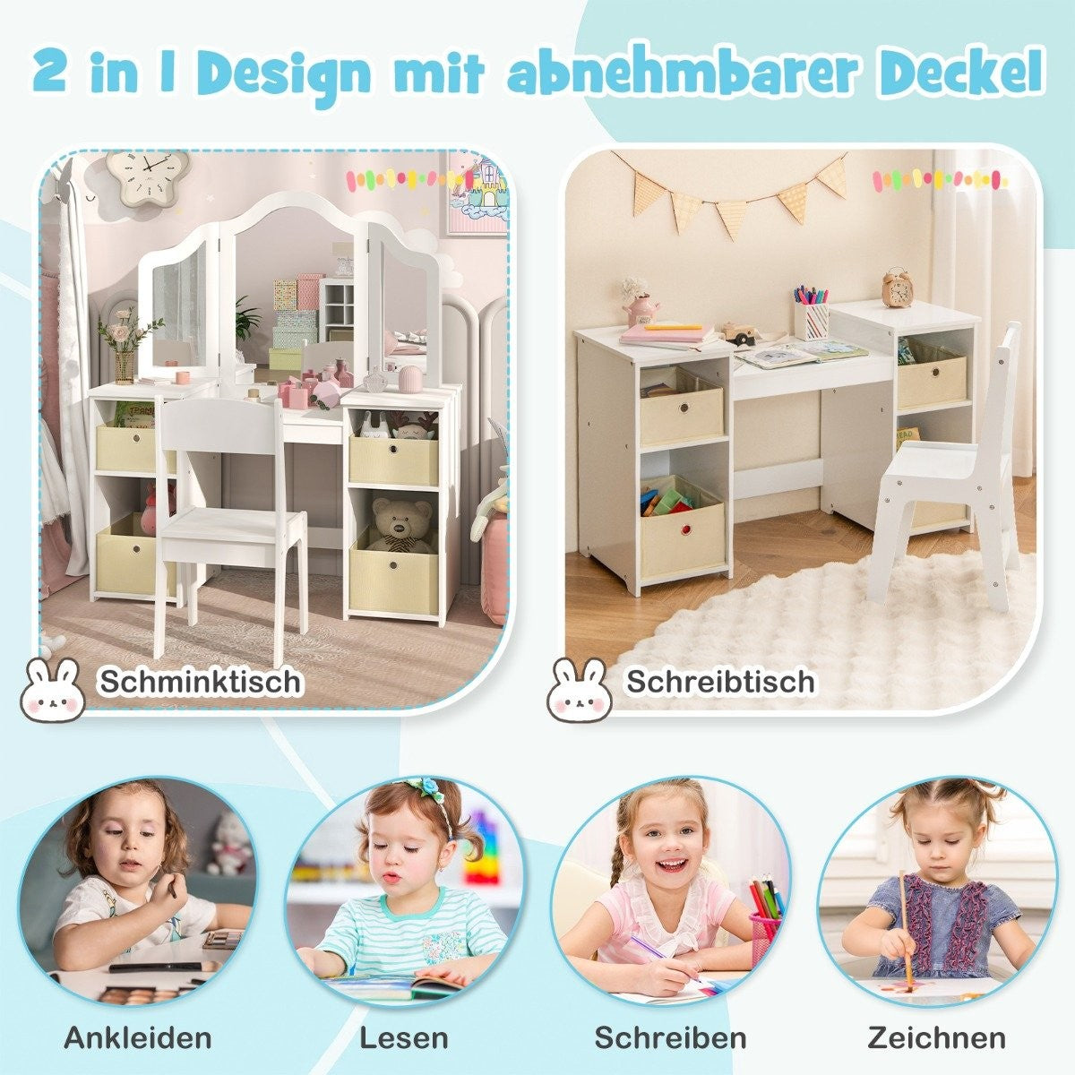 2-in-1 Kids Vanity Desk with Removable Mirror & Storage