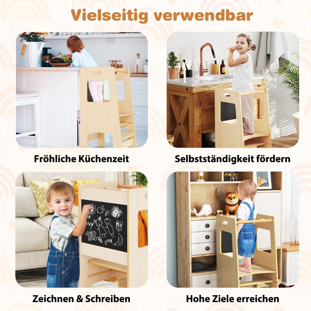 2 in 1 Kitchen Helper Learning Tower with 3 Adjustable Heights &amp; Chalkboard Step Stool Learning Chair Natural