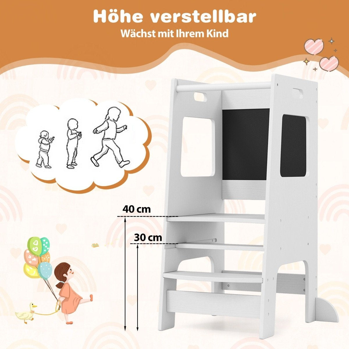 2 in 1 Kitchen Helper Learning Tower with 3 Adjustable Heights &amp; Chalkboard Step Stool Learning Chair White