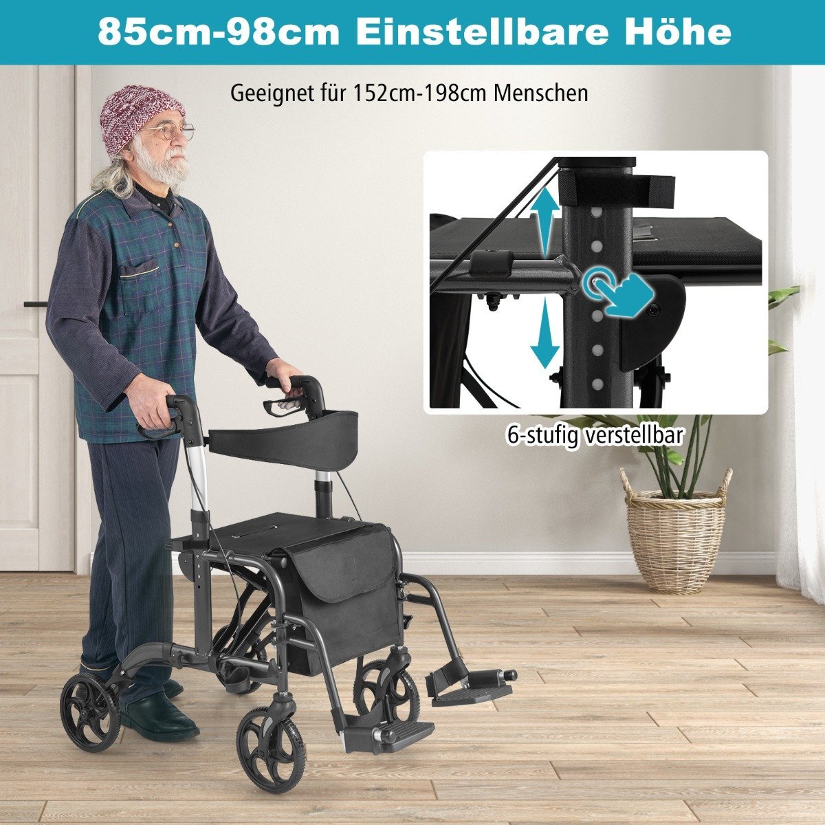 2-in-1 Lightweight Rollator & Wheelchair, Adjustable Height