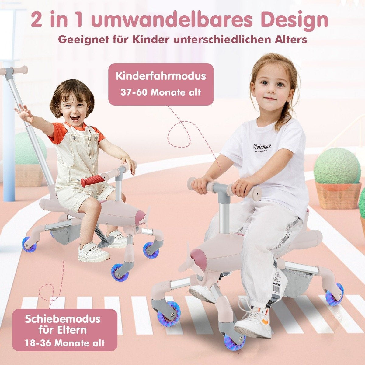 2-in-1 Push Car for Kids Airplane Motif Push Car with LED Illuminated Wheels Portable up to 50kg Pink