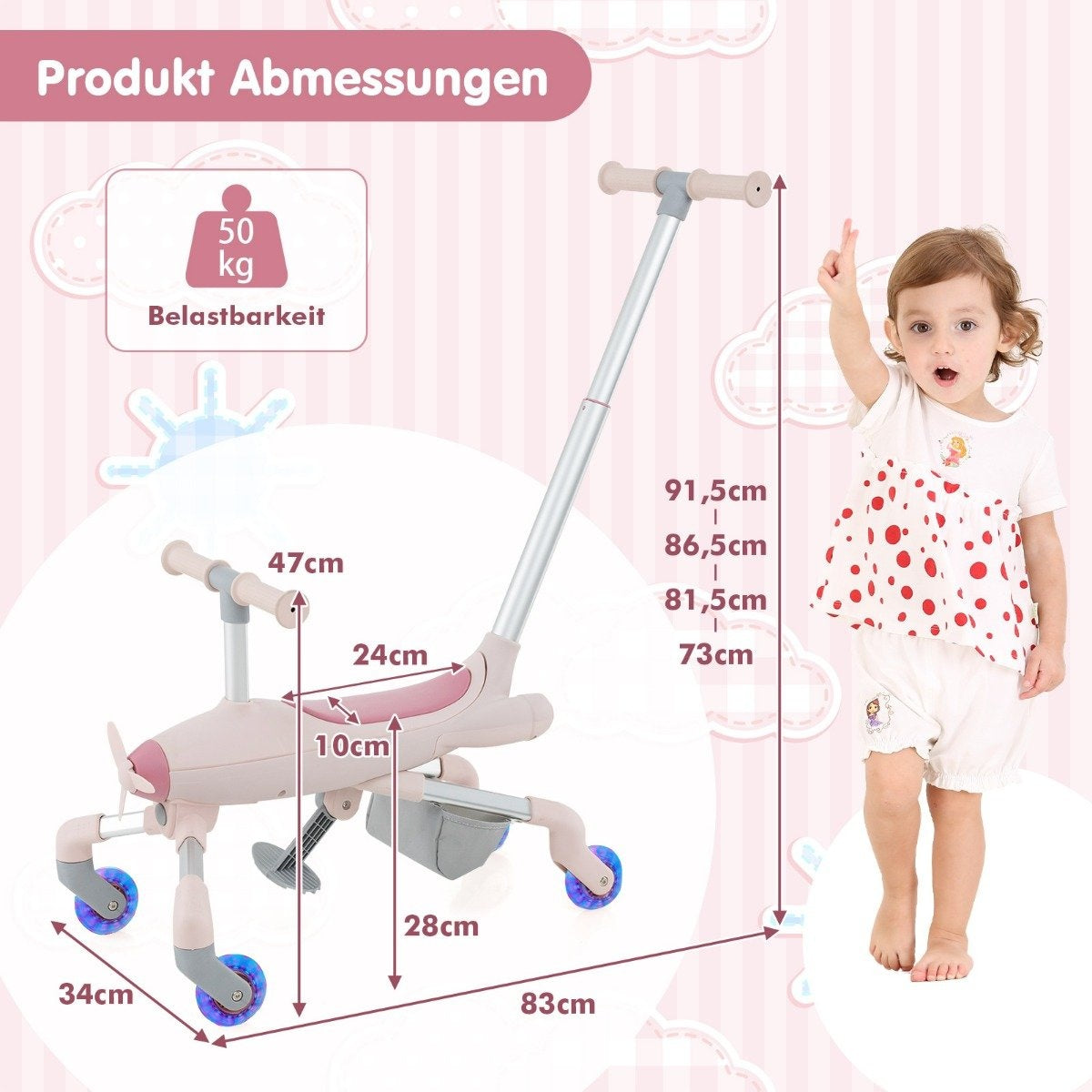 2-in-1 Push Car for Kids Airplane Motif Push Car with LED Illuminated Wheels Portable up to 50kg Pink