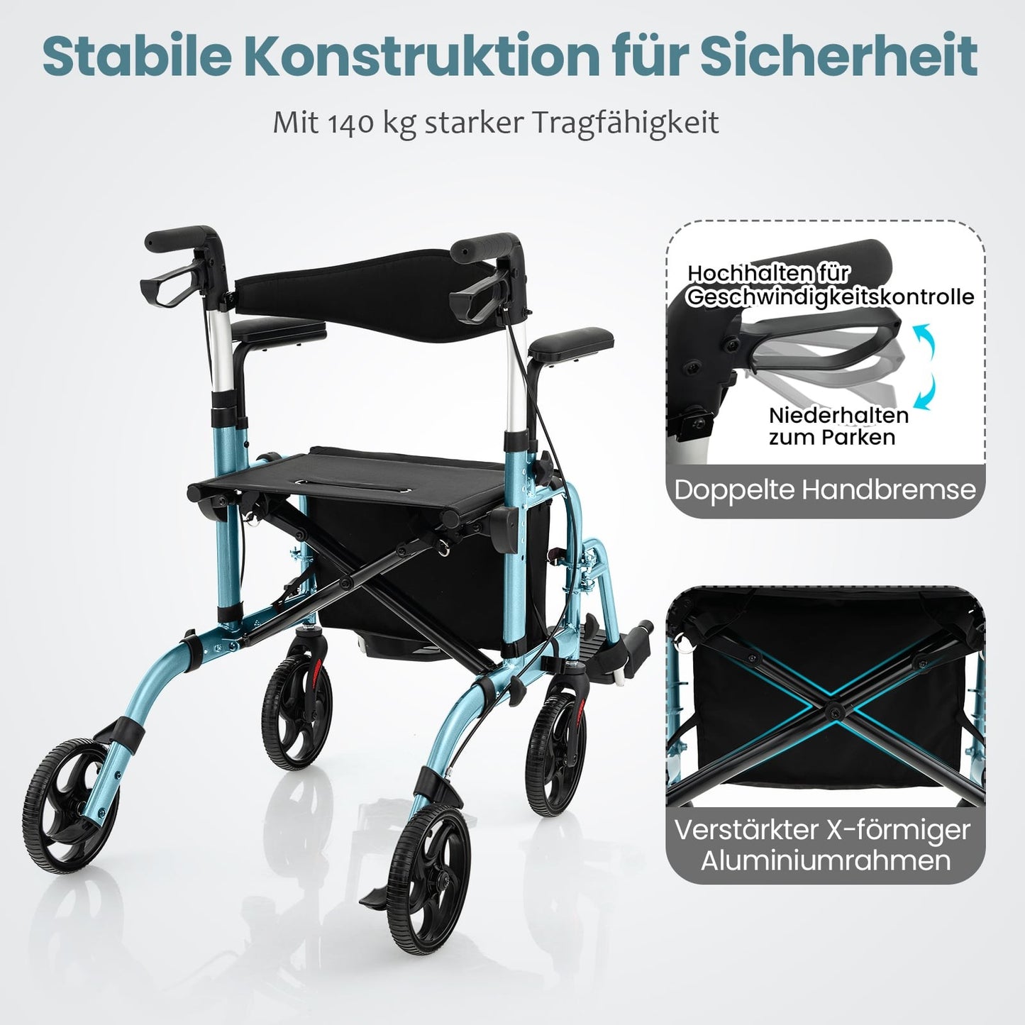 2-in-1 Rollator Walker & Transport Chair, Blue, Foldable