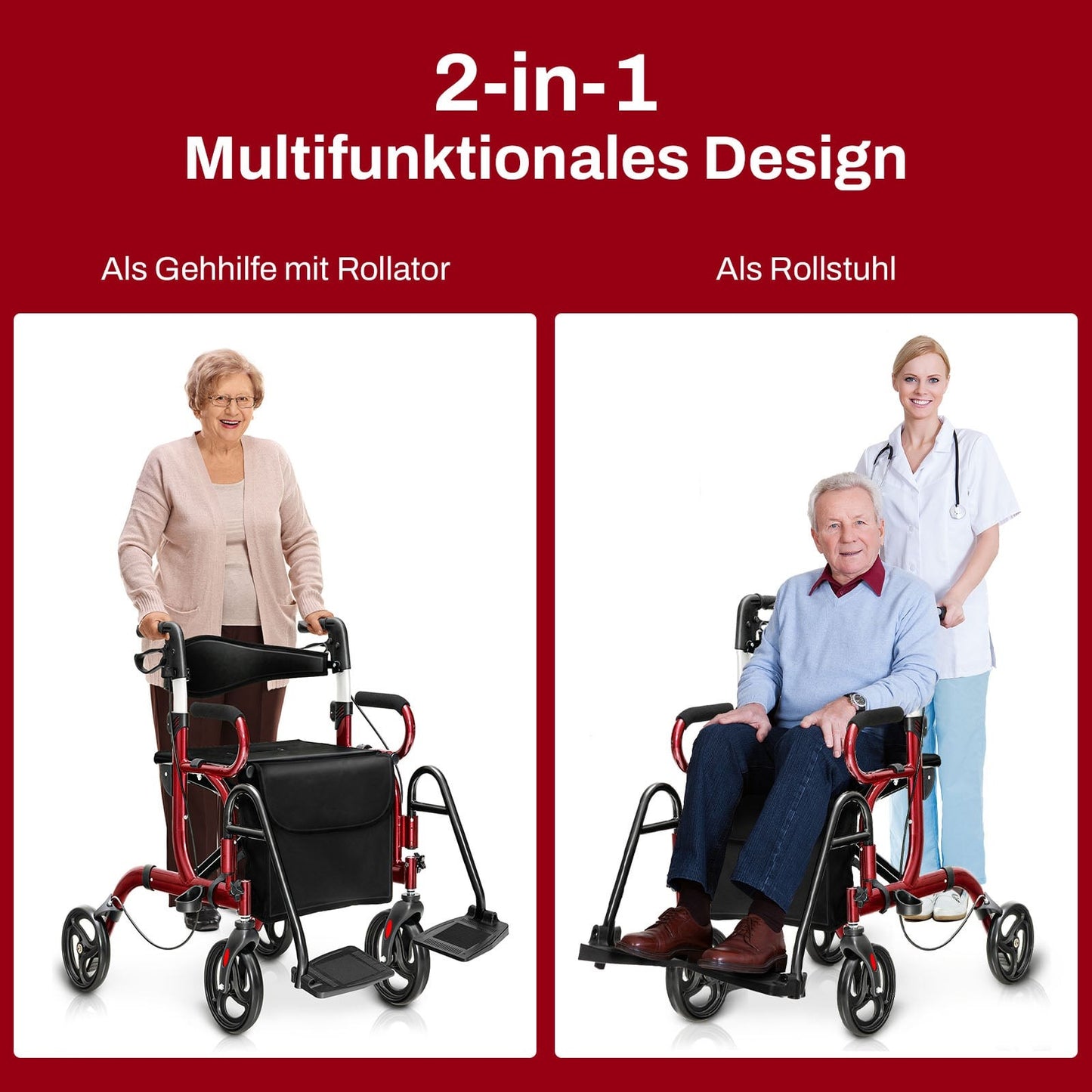 2-in-1 Rollator Walker & Transport Chair, Foldable, Red