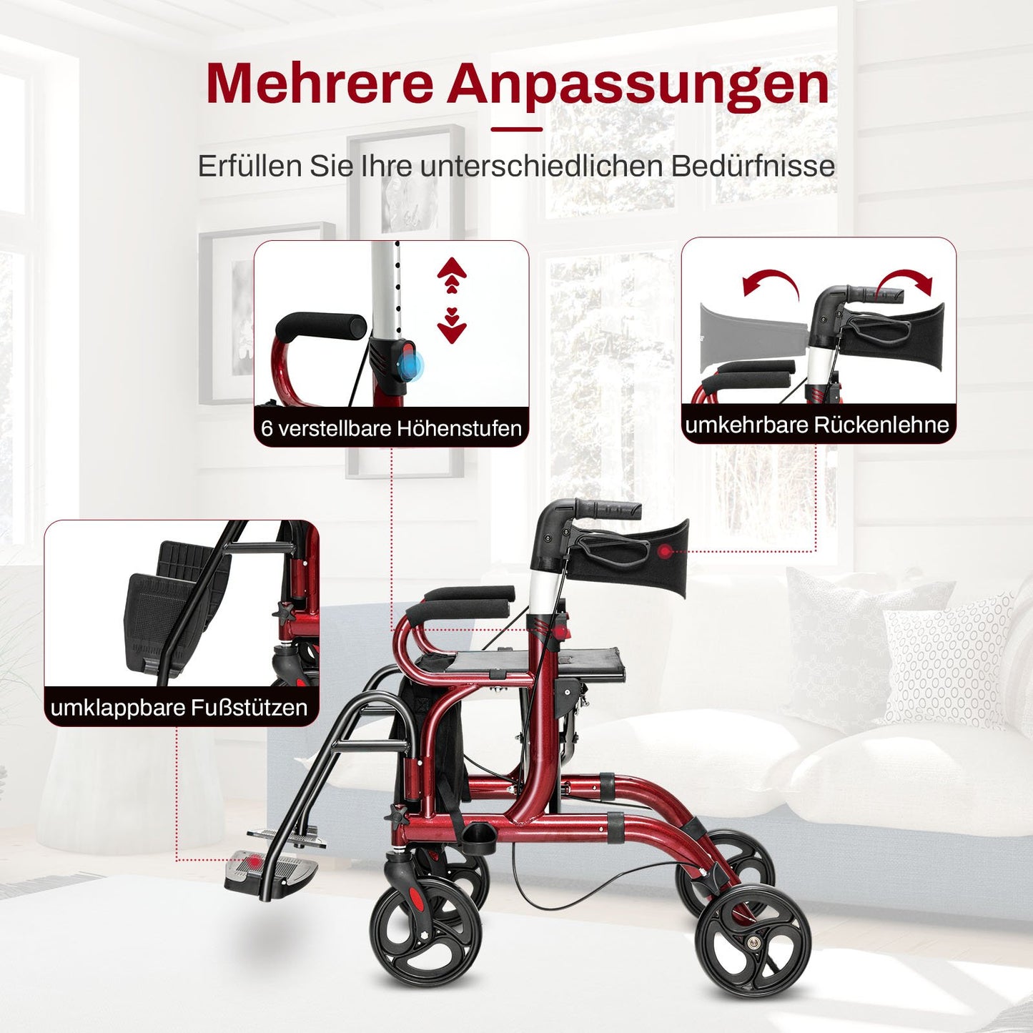 2-in-1 Rollator Walker & Transport Chair, Foldable, Red