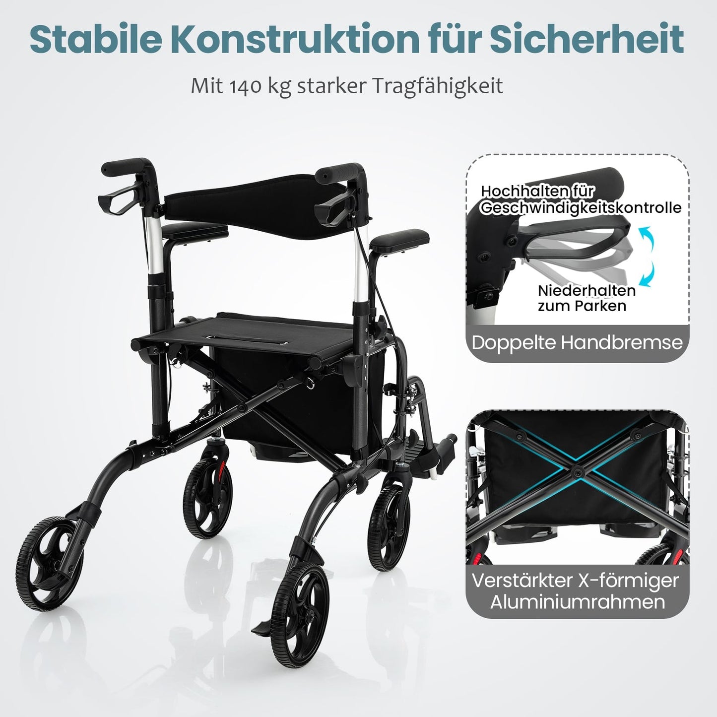 2-in-1 Rollator Walker & Wheelchair, Folding, Black