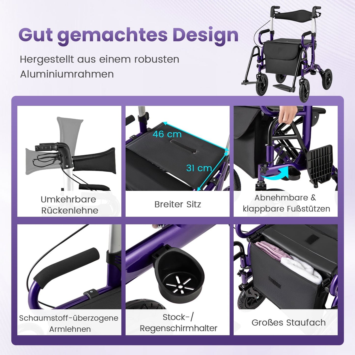 2-in-1 Rollator & Wheelchair, Foldable, 23cm Pneumatic Wheels