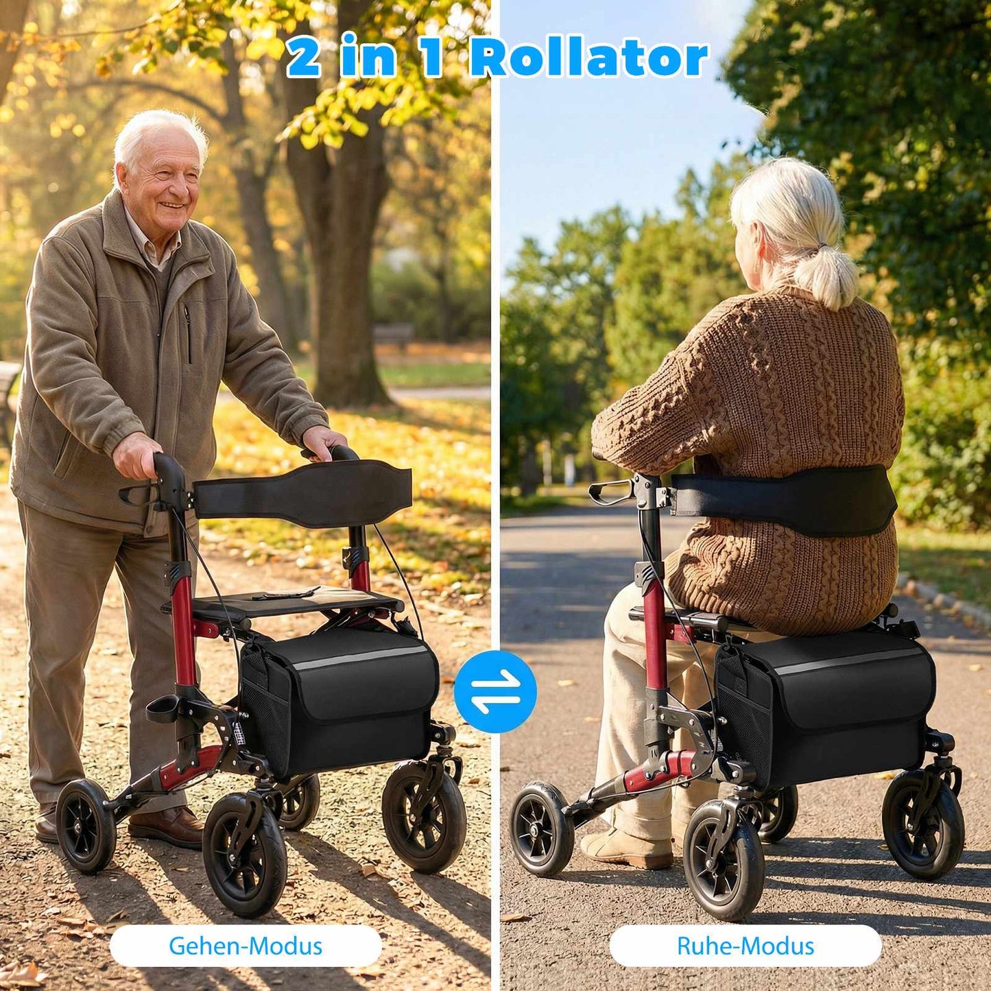 2-in-1 Rollator & Wheelchair, Foldable, Supports 136 kg