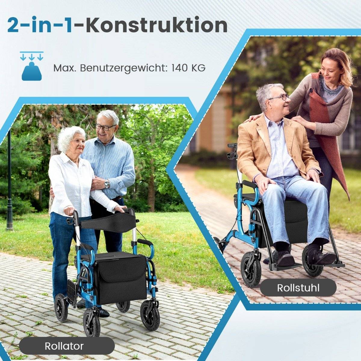 2-in-1 Rollator & Wheelchair, Pneumatic Tires, Foldable