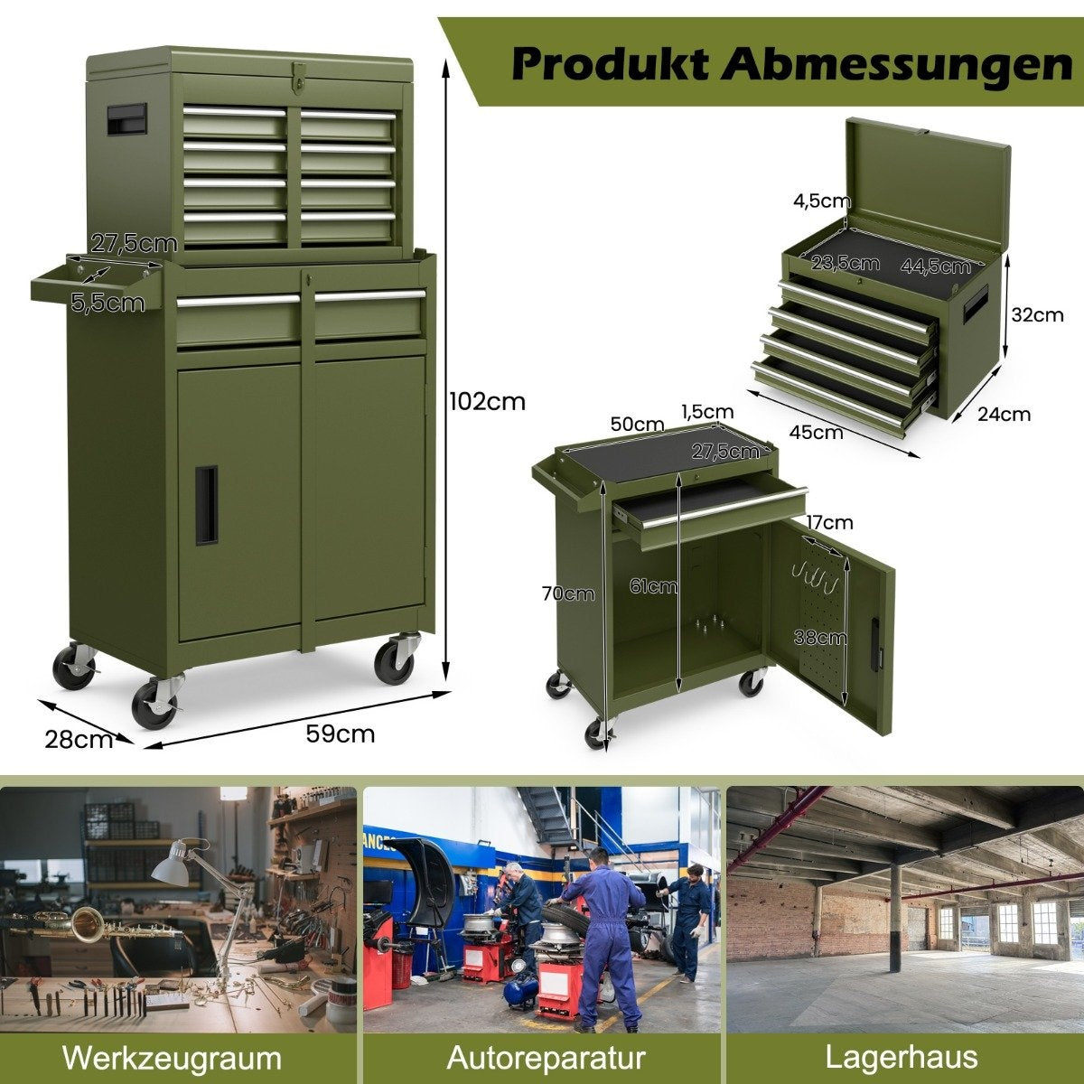 2-in-1 Rolling Tool Chest with 5 Drawers, 100kg Capacity