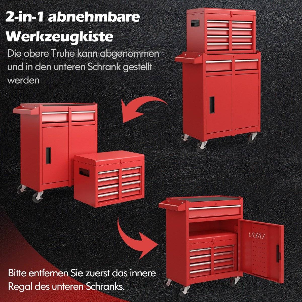 2-in-1 Rolling Tool Chest with 5 Drawers, 100kg Capacity