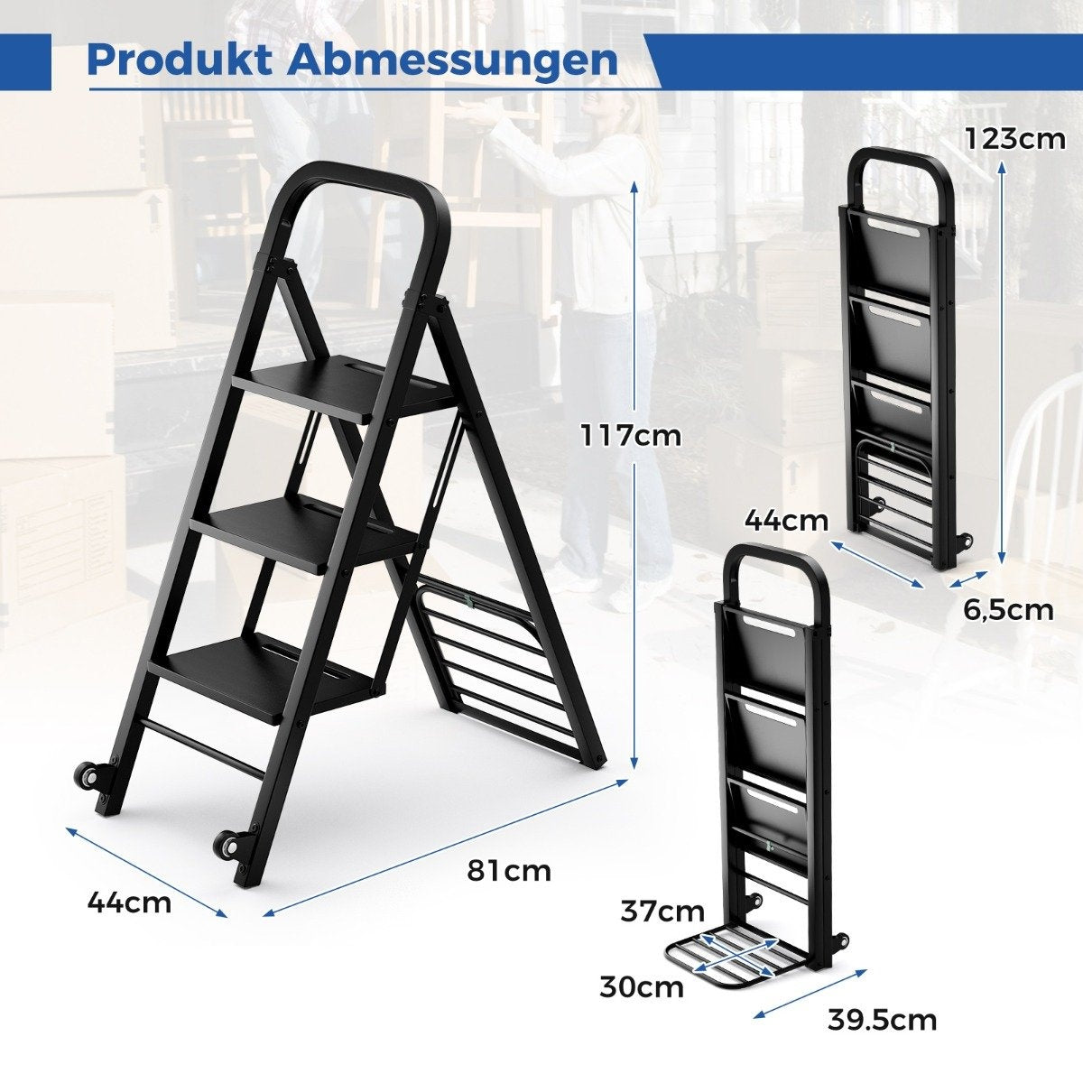 2 in 1 Sack Truck & Step Ladder Foldable 2 Wheels Handcart Metal Transport Truck Black