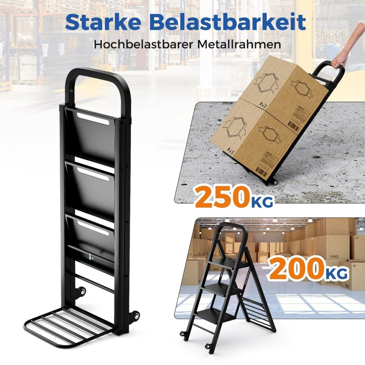 2 in 1 Sack Truck & Step Ladder Foldable 2 Wheels Handcart Metal Transport Truck Black