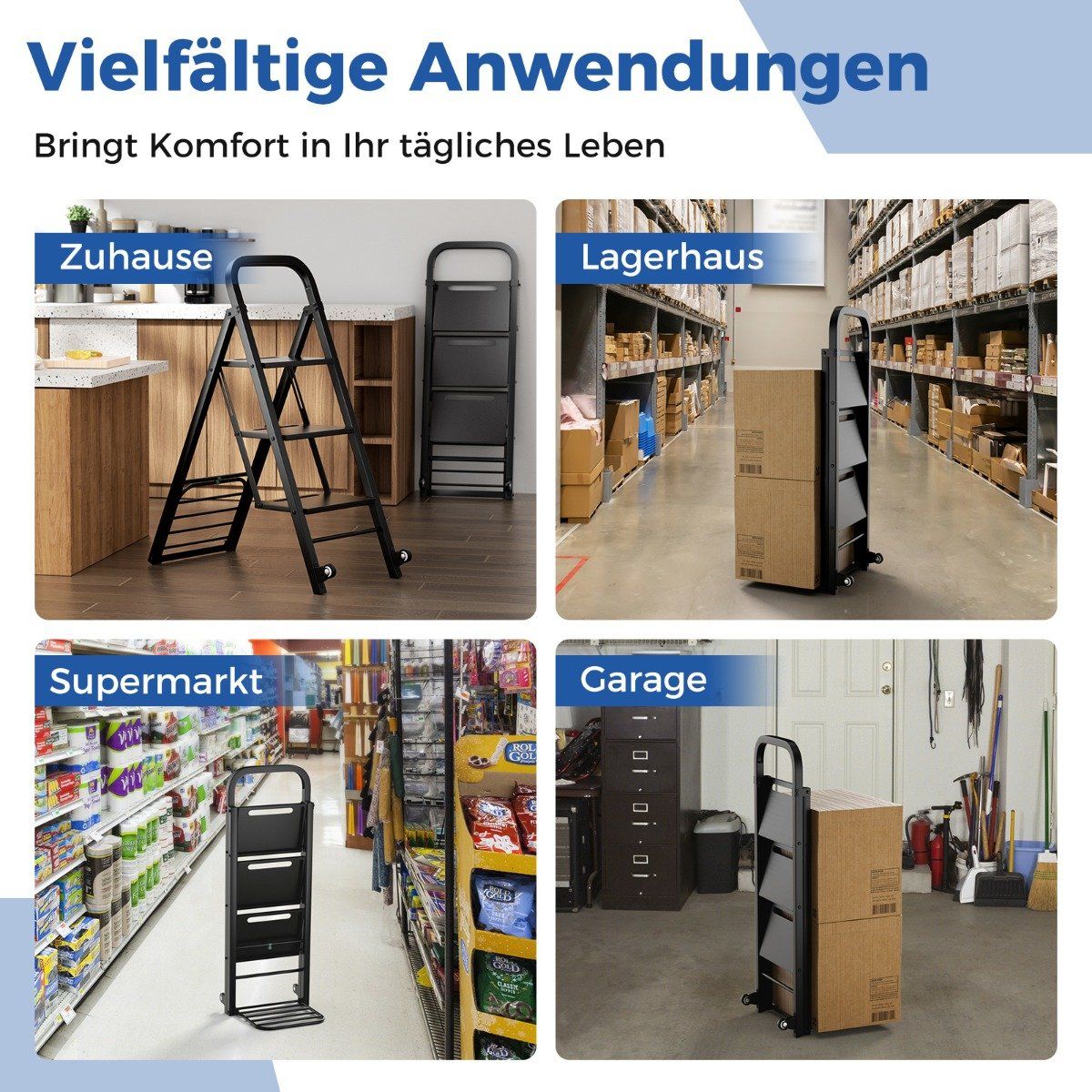 2 in 1 Sack Truck & Step Ladder Foldable 2 Wheels Handcart Metal Transport Truck Black