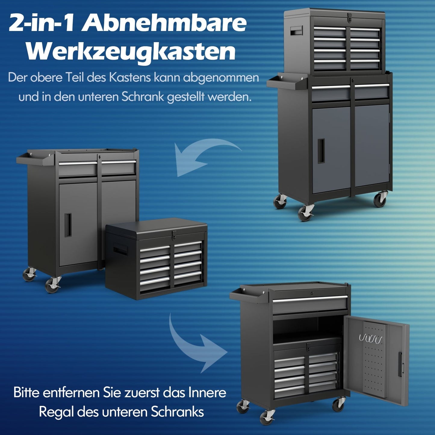 2-in-1 Tool Chest with 5 Drawers, Lockable Wheels