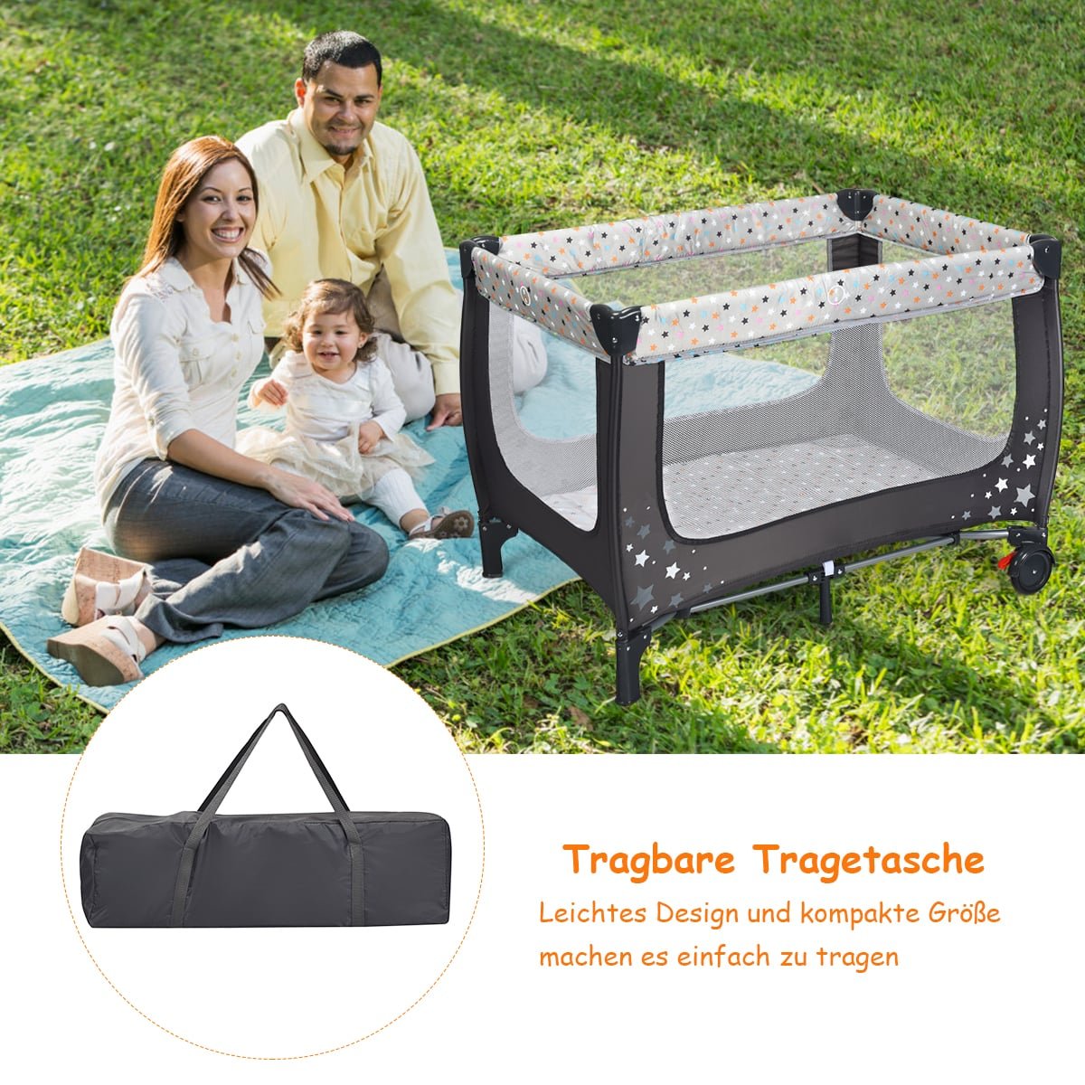 2-in-1 Travel Crib & Playpen, Foldable, 125x65x76 cm, Gray