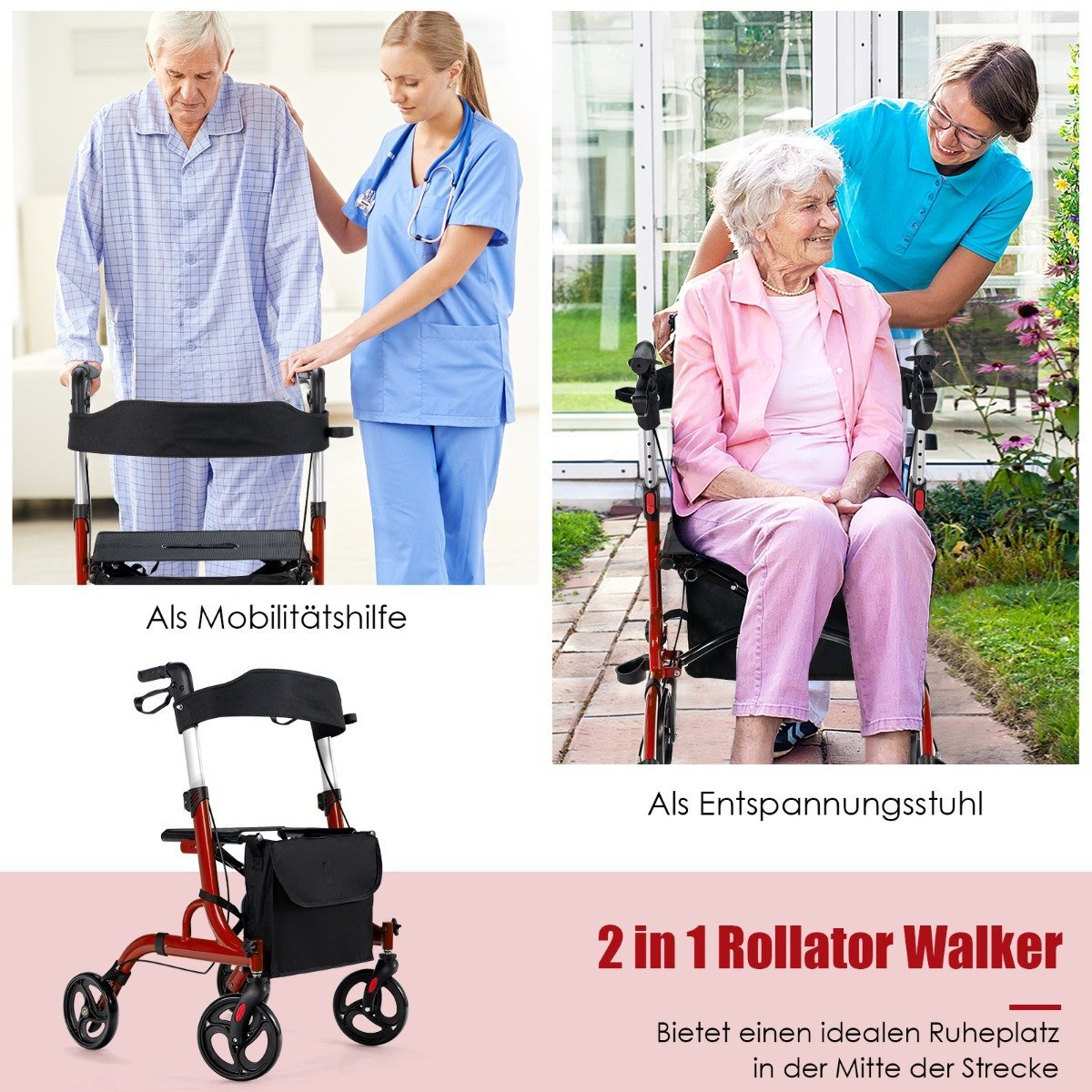 2 in 1 Travel Rollator with Seat & Bag & Stick Holder Foldable & Lightweight Red
