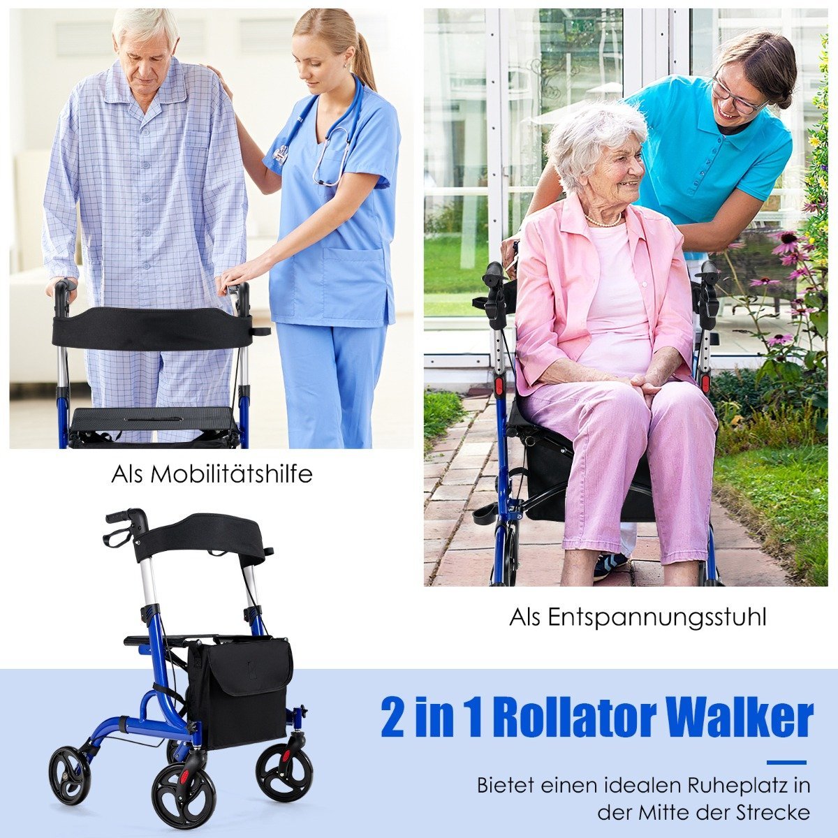 2-in-1 Walker & Rollator with Seat, Bag, Dual Brakes