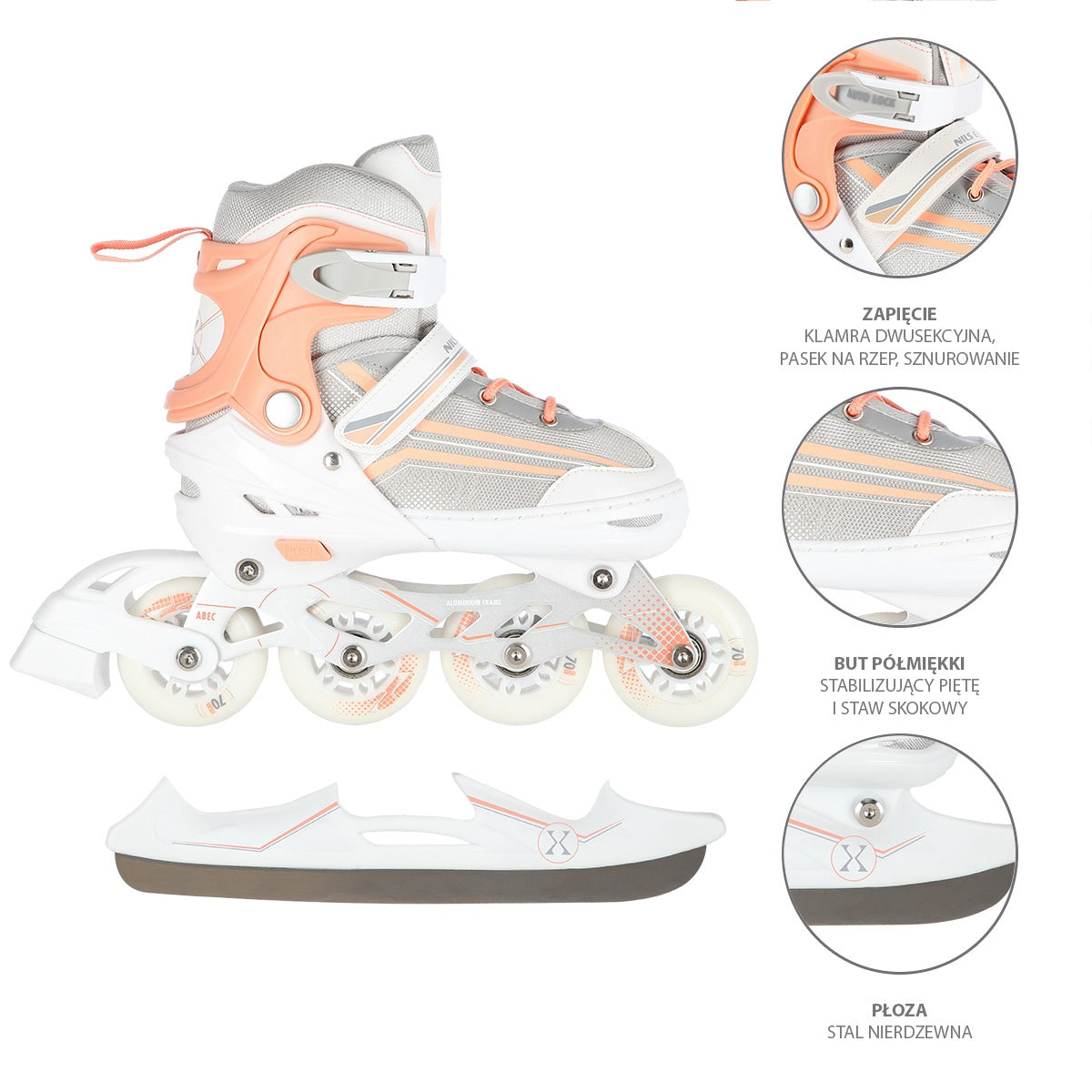 2-in-1 White/Pink Inline & Ice Skates, Size S (29-33)