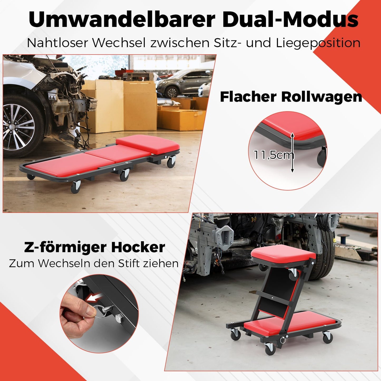 2-in-1 Workshop Creeper Seat, 160kg Capacity, Red