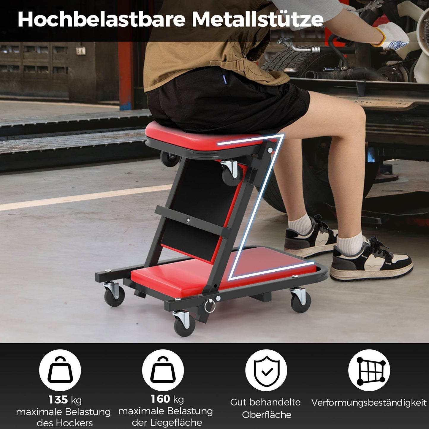 2-in-1 Workshop Creeper Seat, 160kg Capacity, Red