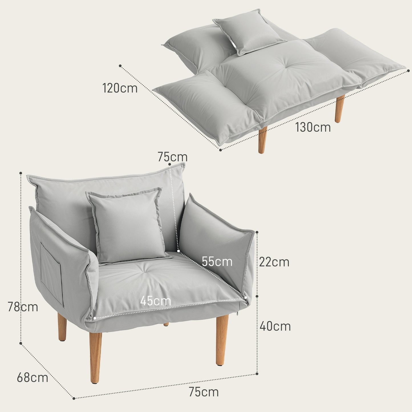 Adjustable light gray upholstered armchair with cushion