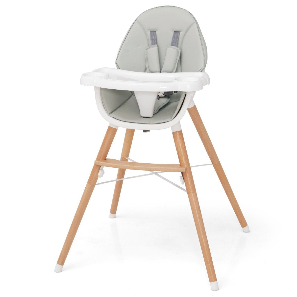 2 in 1 baby high chair made of beech wood with 5-point safety belt & double tray gray