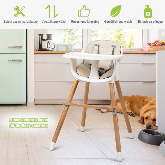 2-in-1 baby high chair made of wood, adjustable 57 x 57 x 83 cm cream white + natural